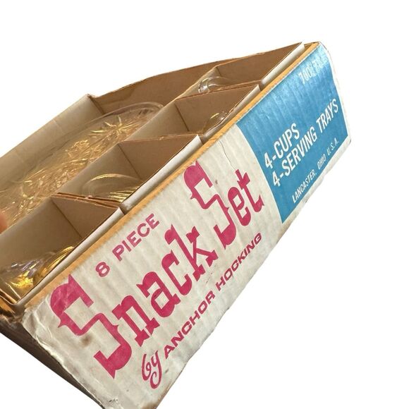 Vtg MCM Plate Tea Cup Set Anchor Hocking Early American Prescut 8 Piece Snack - Picture 3 of 16